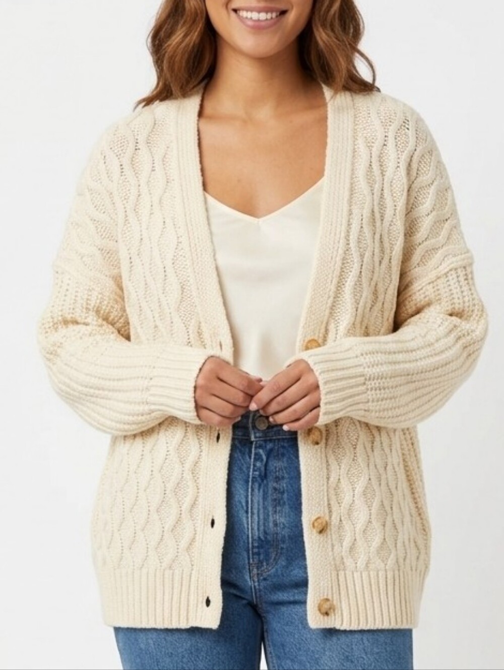 AE Retro Cream Chunky Cable Knit Button-Front Relaxed Fit Sweater Cardigan M